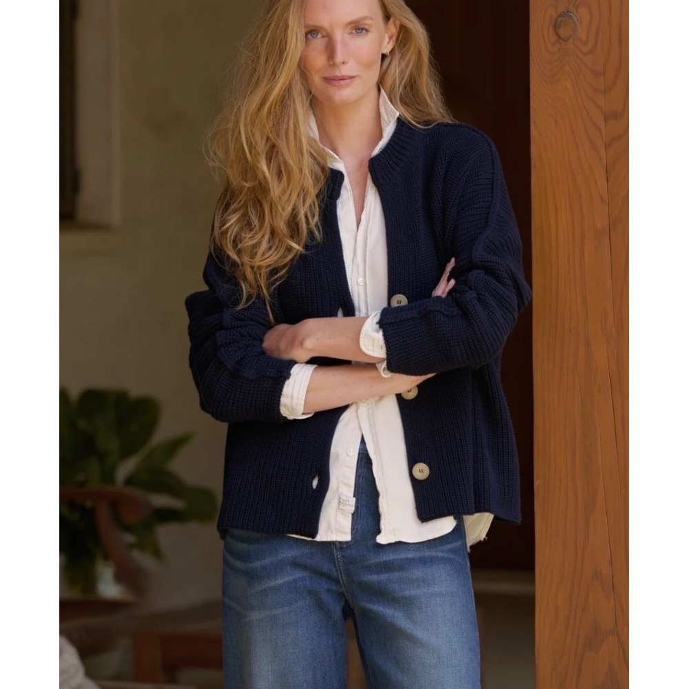Frank & Eileen MONTECITO Cardigan Marine Navy Chunky Rib Cotton L Made Portugal